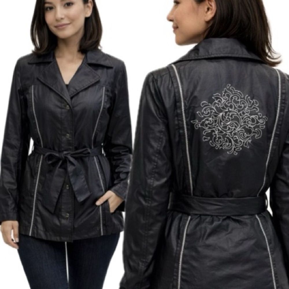 Chico's Embroidered Belted Snap Jacket Size 1 Medium Black Lightweight Trench